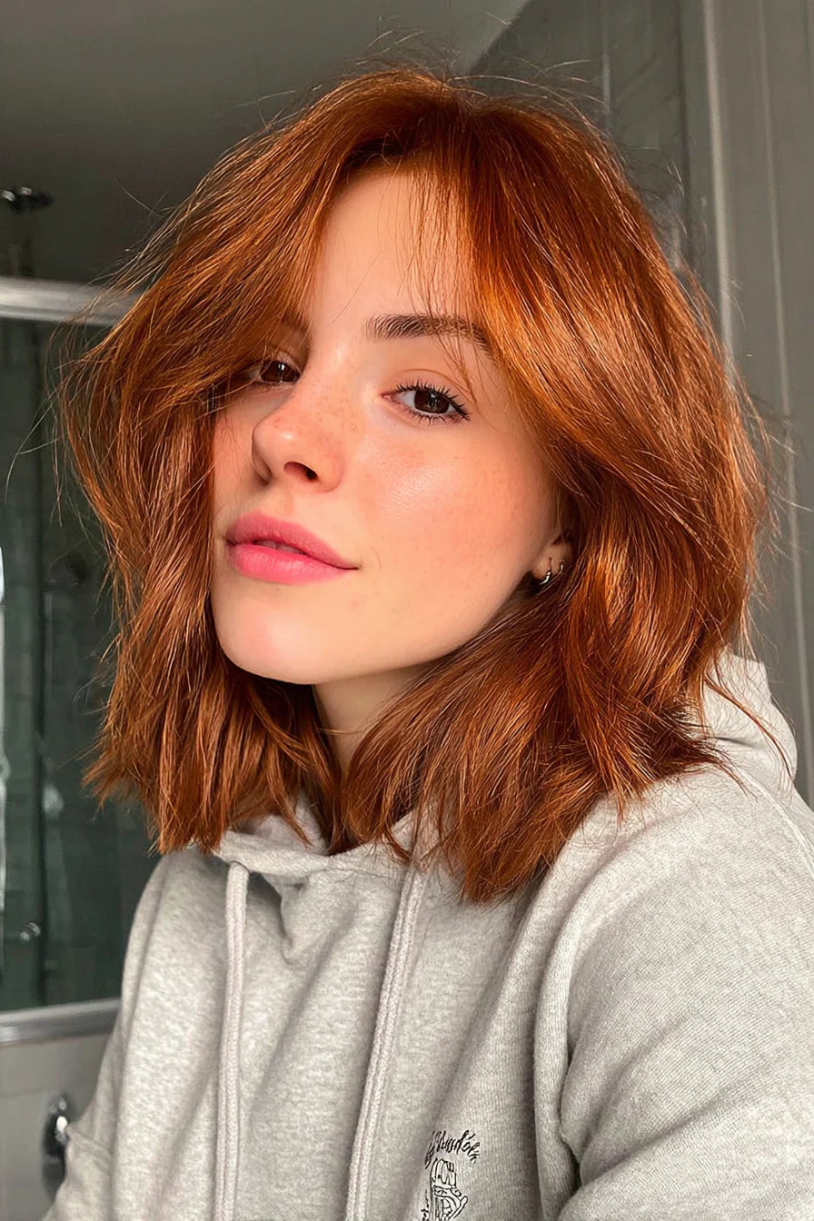 17. Gefiederter Schulter-Bob + weiches Kupfer (schulterlange Bob-Frisuren) – Schulterlange Bob-Frisuren