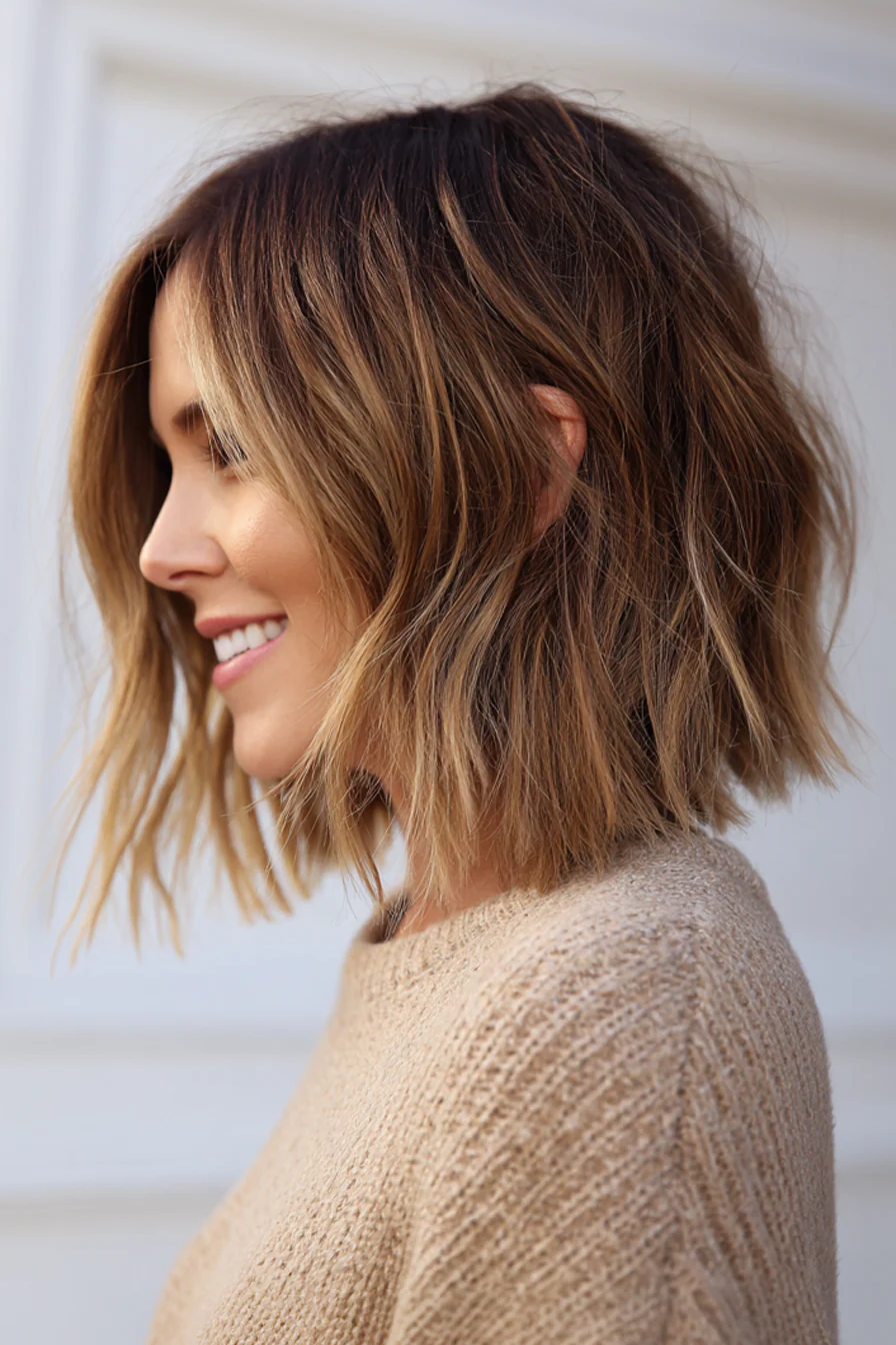 25. Choppy Shoulder Bob + Sunlit Bronde (Schulterlange Bob-Frisuren) – Schulterlange Bob-Frisuren