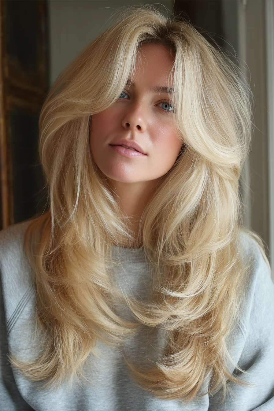 11. Langer Federschnitt mit Butterblond (70er-Jahre-Frisuren für Frauen) – 70er-Jahre-Frisuren für Frauen