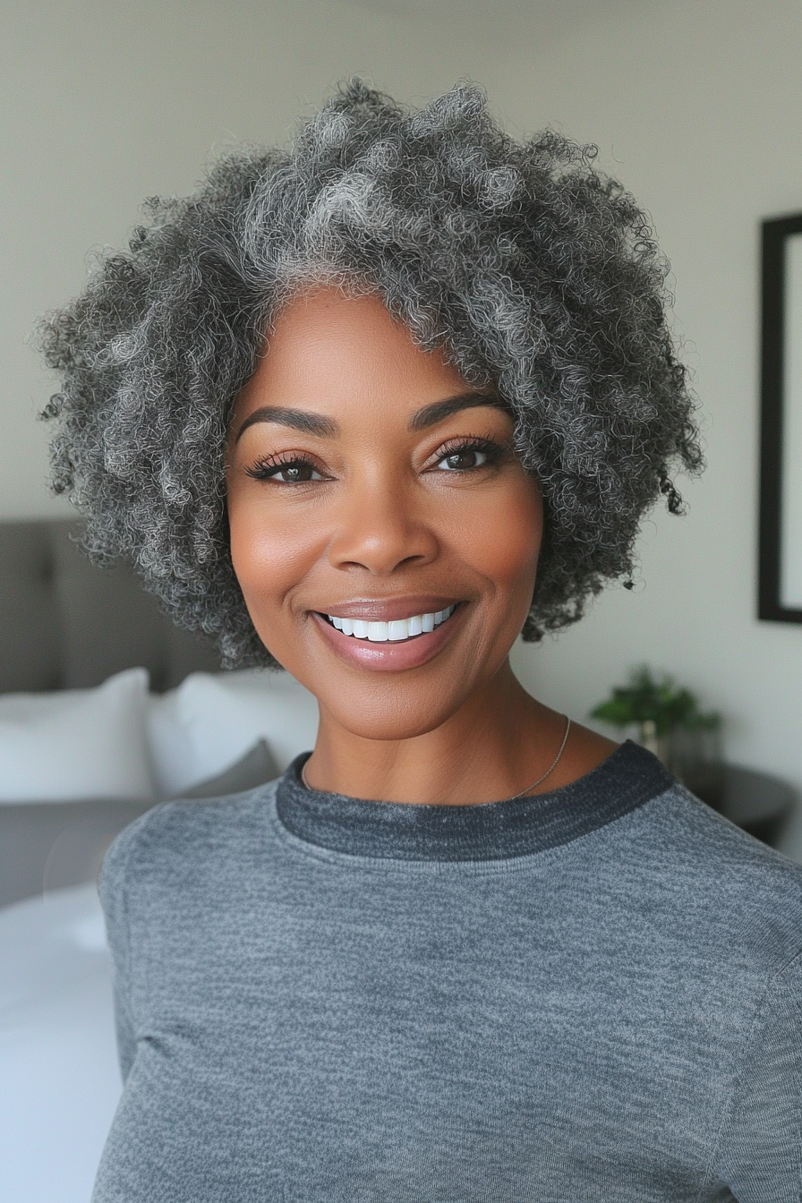 18. Afro-Pixie in natürlichem Grau (Pixie-Haarschnitte für schwarze Frauen über 60) – Pixie-Haarschnitte für schwarze Frauen über 60