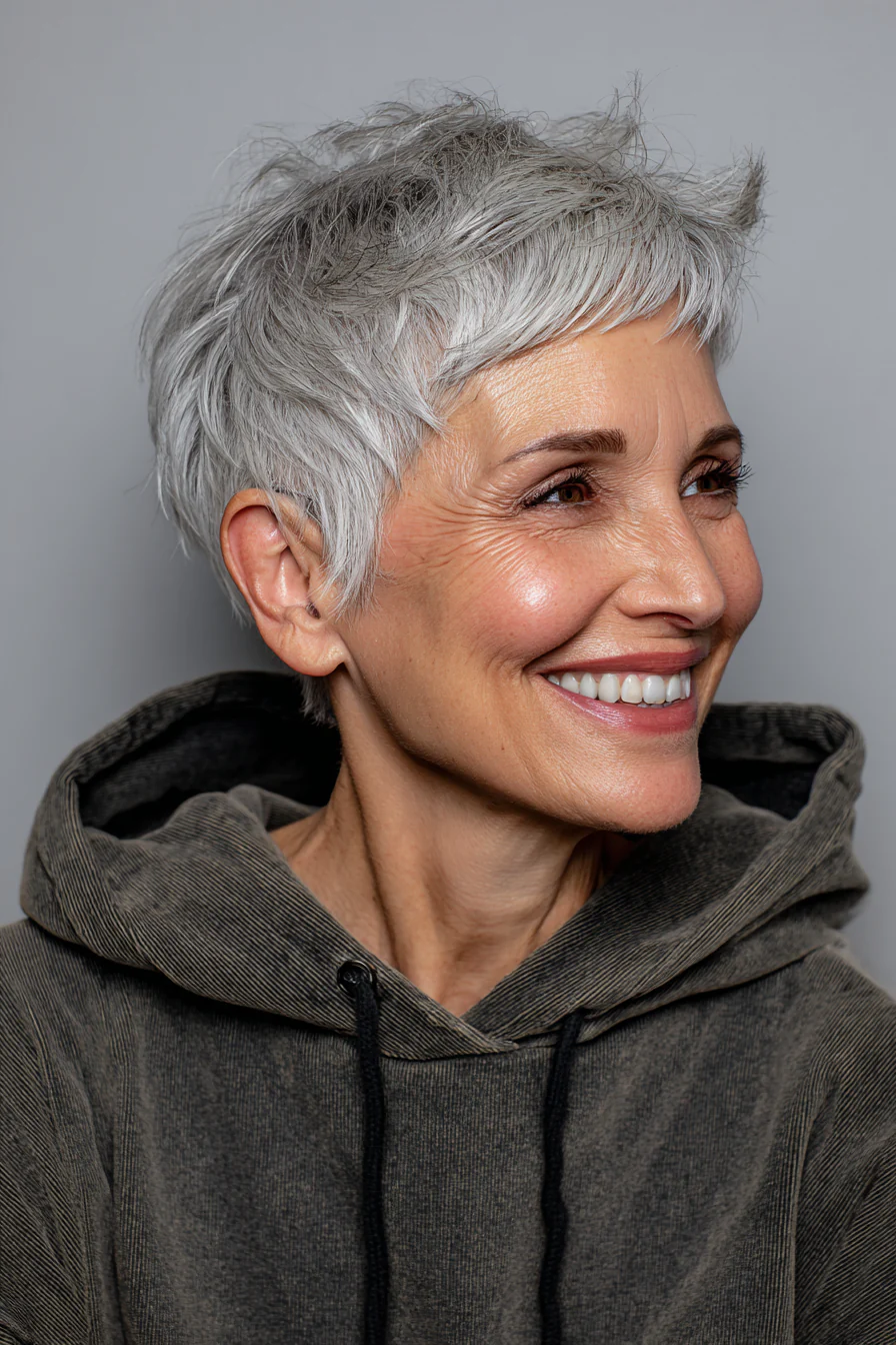 18. Luftiger Pixie-Schnitt in mondhellem Silber (Haarschnitte für Frauen über 60 mit schütterem Haar) – Haarschnitte für Frauen über 60 mit schütterem Haar