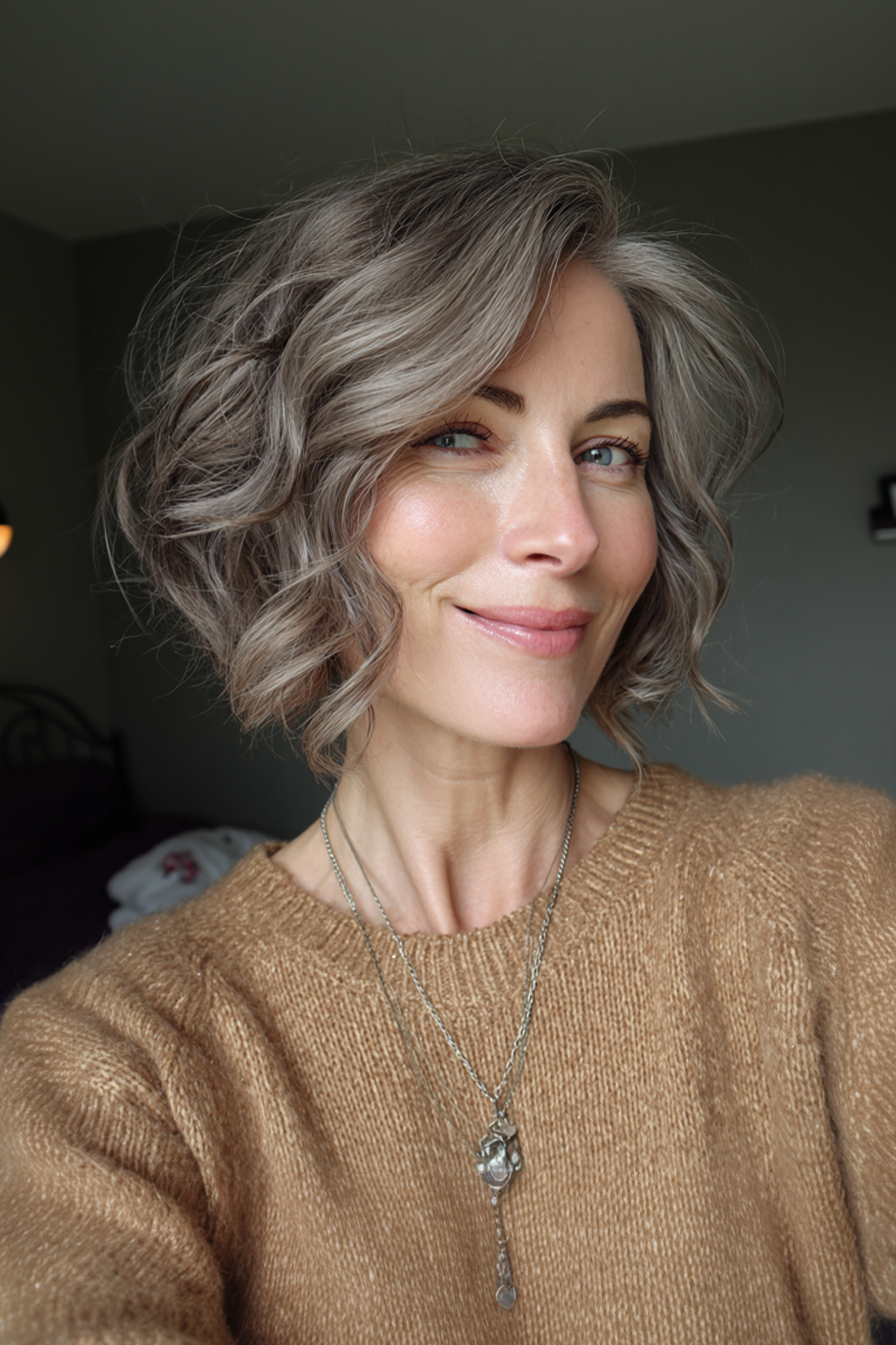18. Aschebraun gekräuselte abgewinkelte Bob (Frisuren für ältere Frauen mit welligem Haar) - Frisuren für ältere Frauen mit welligem Haar