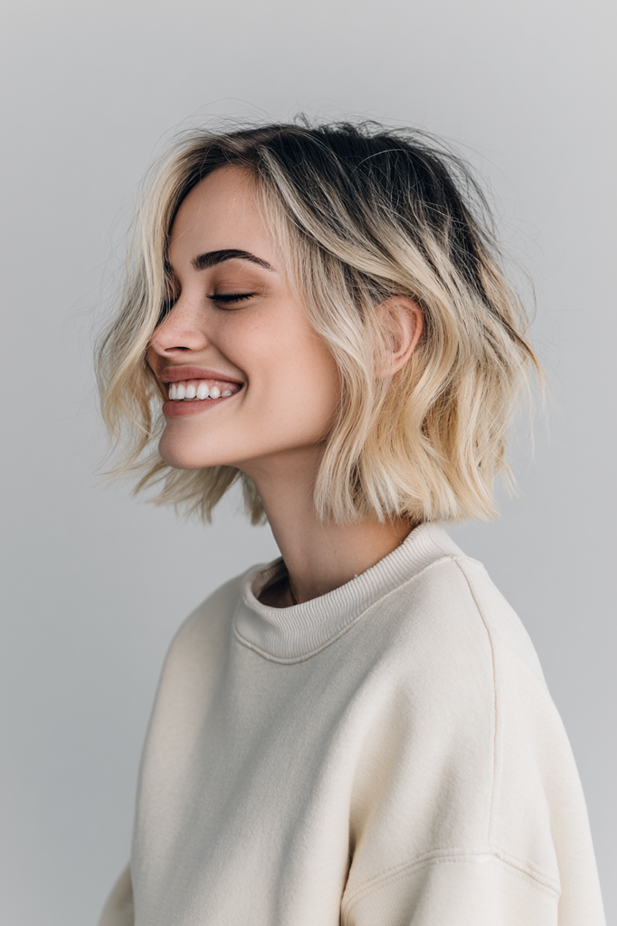 18. Asymmetrischer Bob mit rauchigen Wurzeln (Frisuren der Kinnlänge) - Frisuren der Kinnlänge