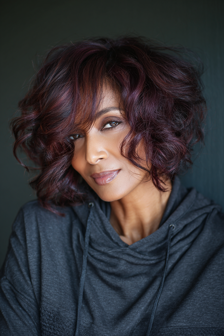 18. Asymmetrisch lockiger Bob in weicher Pflaume (Frisuren für schwarze Frauen über 60) - Frisuren für schwarze Frauen über 60