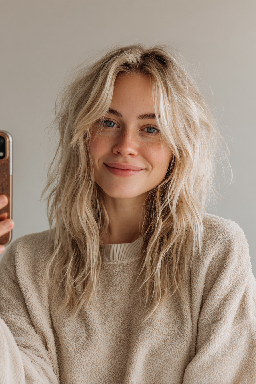 18. Beigeblonder Midi-Shag (geschichtete, unordentliche Haarschnitte) – geschichtete, unordentliche Haarschnitte