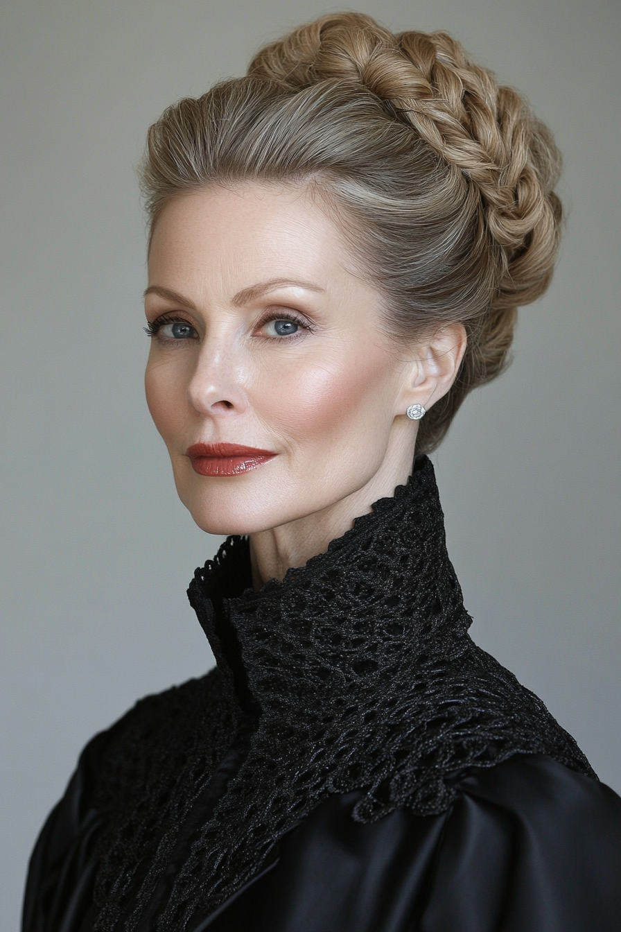 18. geflochtenes Brötchen mit Volumen in mittlerer Aschebraun (Hochsteckfrisur für Frauen über 40) - Hochsteckfrisuren für Frauen über 40