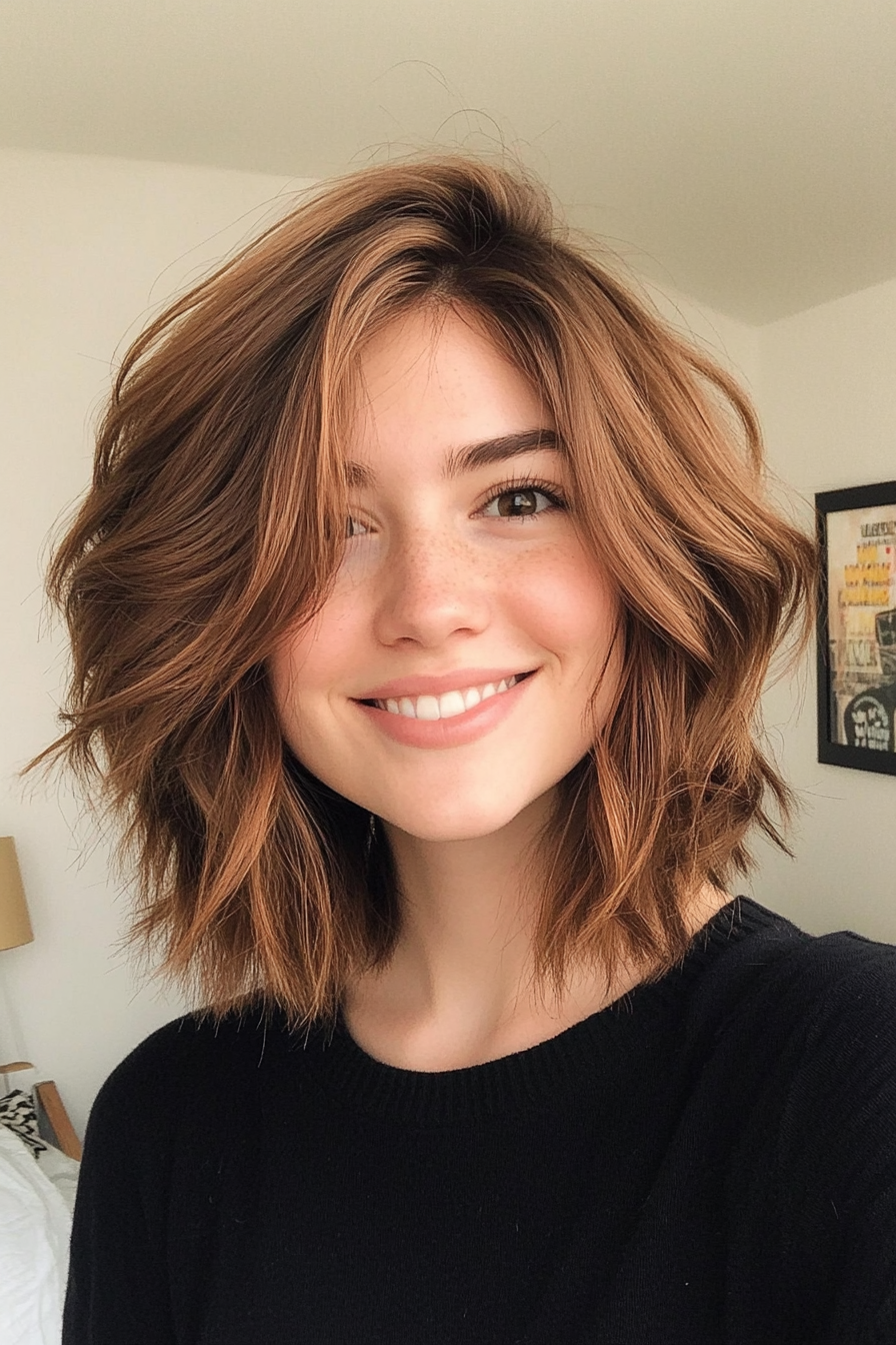 18. Bronze-tönte schulterlange Shag (zottelige Haarschnitte für dickes Haar)-Shaggy-Haarschnitte für dickes Haar