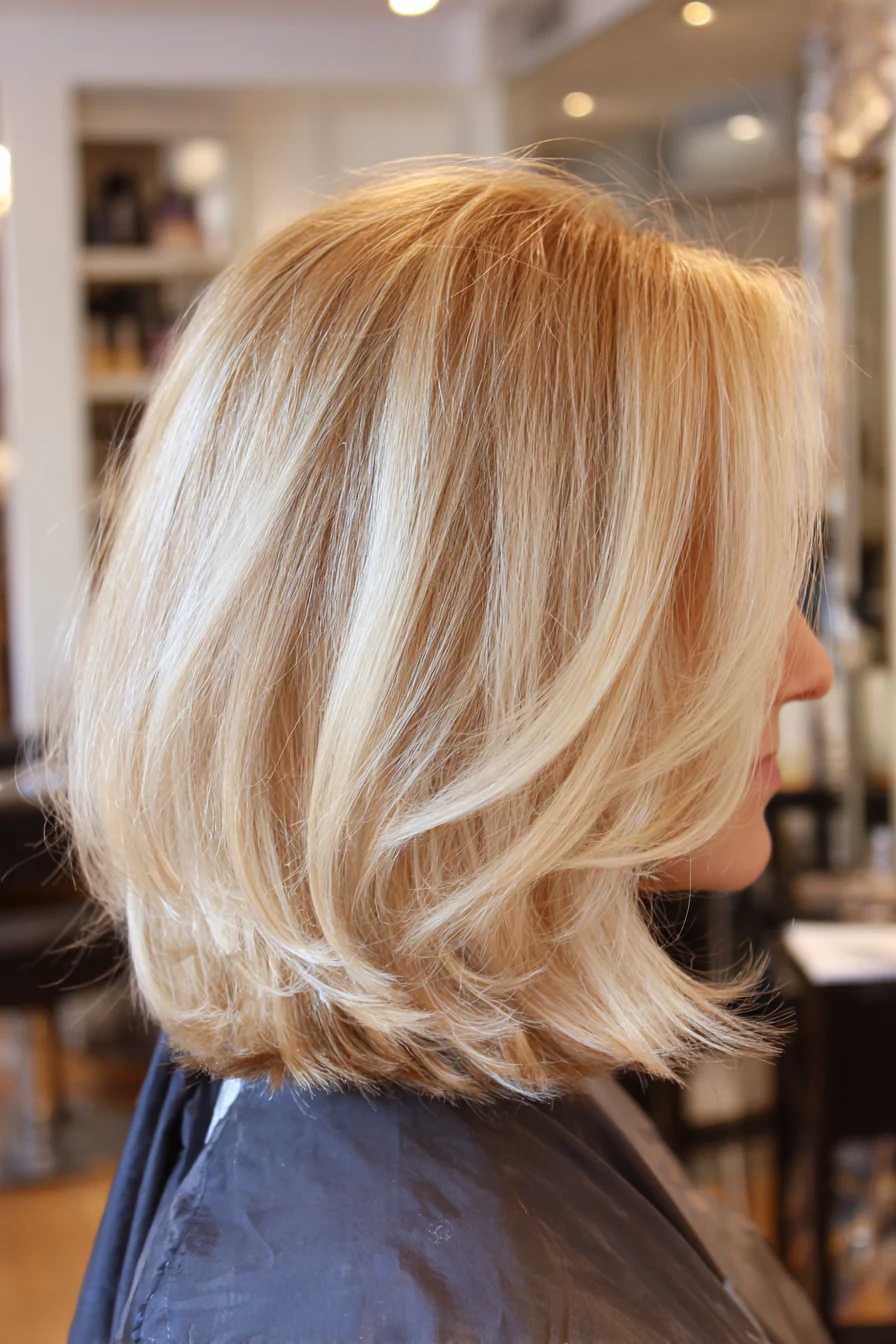 18. Champagnerblonder Flicked-Out Bob (Mittellange Frisuren für dünnes Haar) – Mittellange Frisuren für dünnes Haar