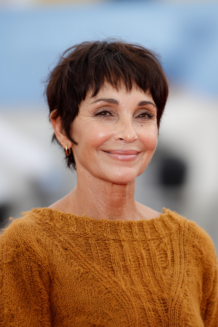 18. Klassischer Brünette Caesar Cut (sehr kurze Frisuren für Frauen über 50) - Sehr kurze Frisuren für Frauen über 50