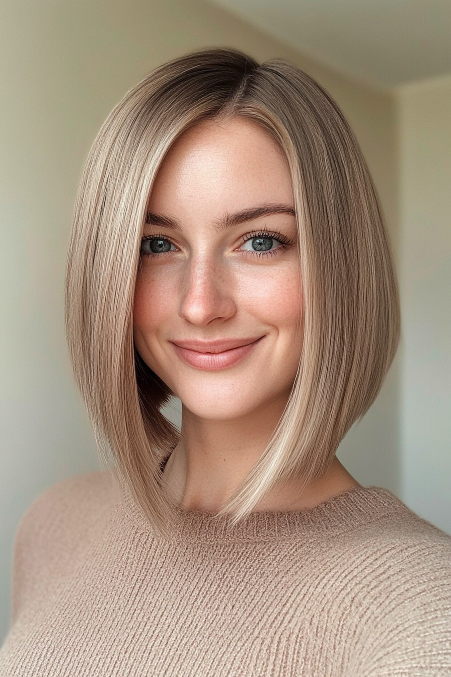 18. Cool beige optimierte Bob (abgewinkelte geschichtete Bob -Haarschnitte) - abgewinkelte geschichtete Bob -Haarschnitte