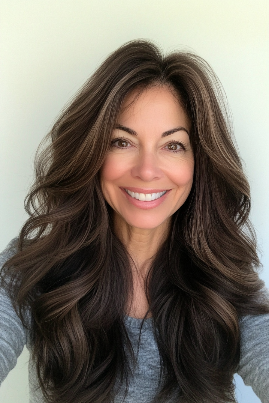 18. Cool braune lange Sturzschichten (Frisuren für Frauen über 40 mit langen Haaren) - Frisuren für Frauen über 40 mit langen Haaren