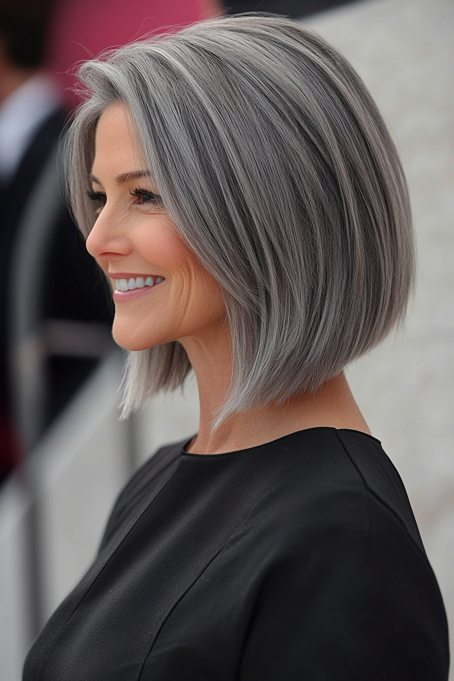 18. Cool Grey -abgewinkelter Bob (kurz gestapelte Haarschnitte für Frauen über 50) - Kurzgestapelte Haarschnitte für Frauen über 50
