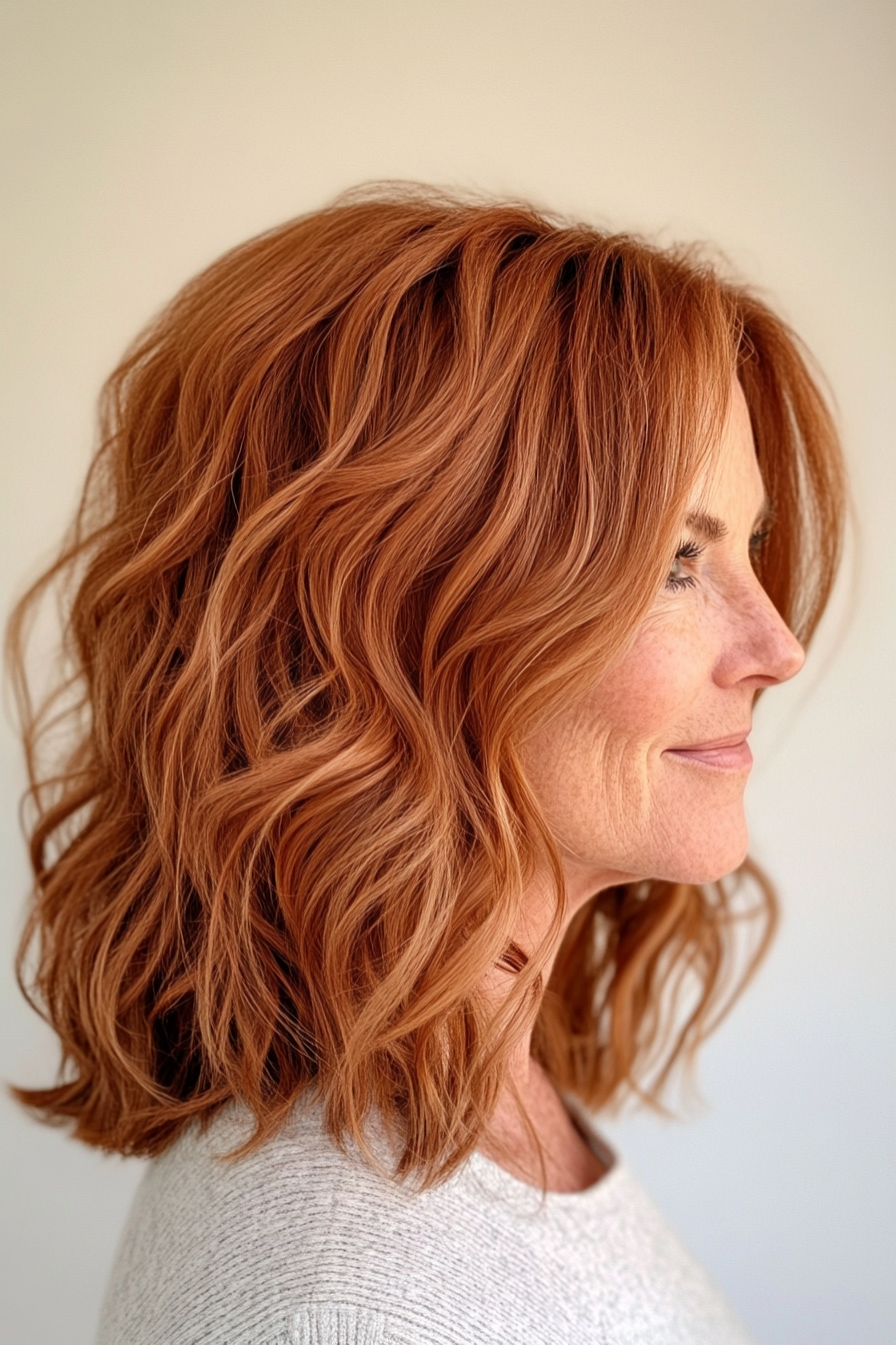 18. Kupferwellige mittelgroße Shag (trendige Haarschnitte für Frauen über 40) - trendige Haarschnitte für Frauen über 40