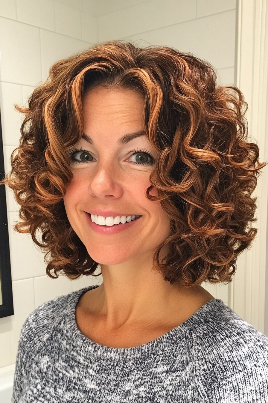 18. Curly Bob mit Zimthighlights (lustige Haarschnittideen für Frauen über 40) - lustige Haarschnittideen für Frauen über 40