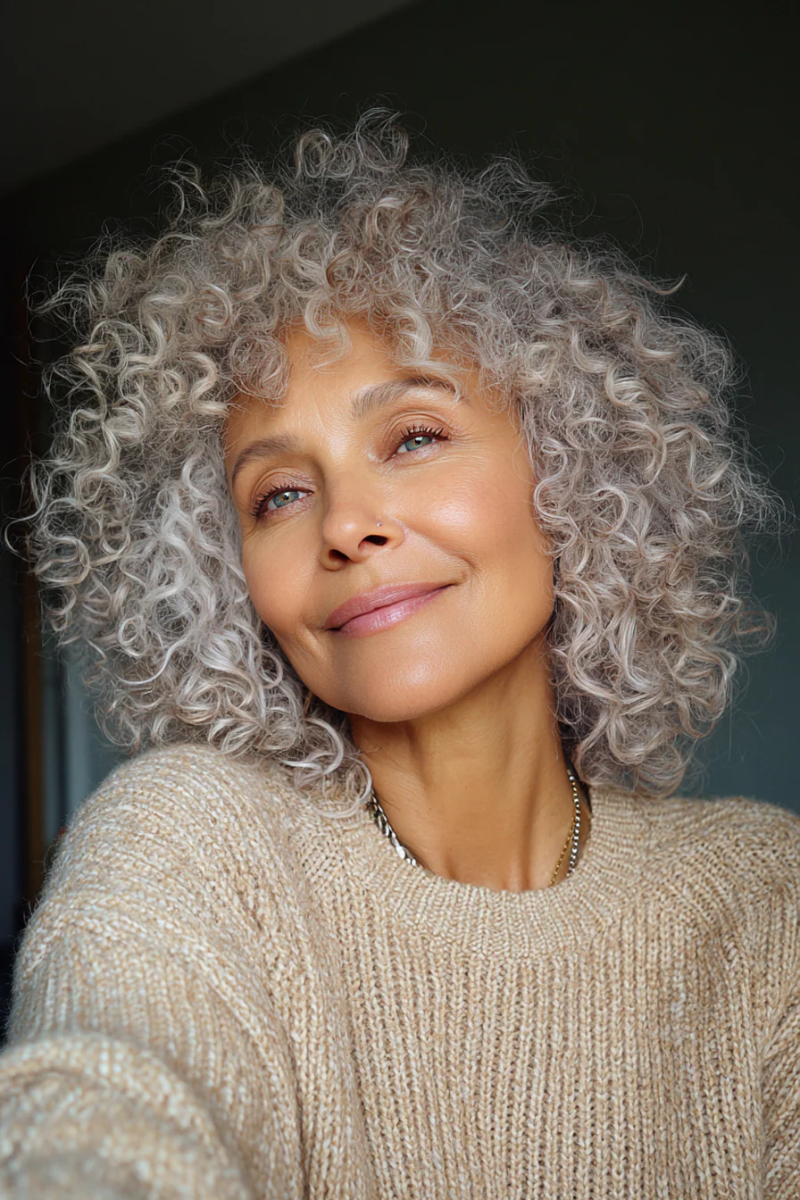 18. Lockenschnitt mit angehobener Krone in Silberbeige (Kurzhaarfrisuren für Frauen über 60 mit lockigem Haar) – Kurze Frisuren für Frauen über 60 mit lockigem Haar