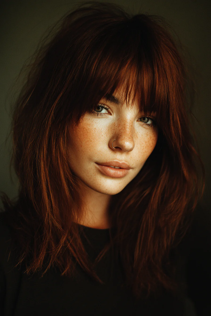 18. Dark Auburn Hacked Fringe Lob (Gerade Grunge-Frisuren) – Gerade Grunge-Frisuren