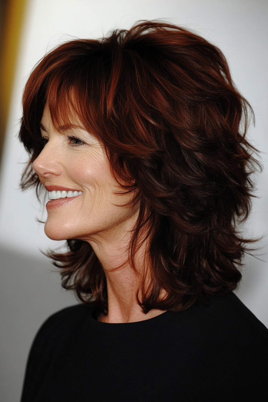 18. Dark Auburn strukturierter Shag -Schnitt (zottelige Hakenfrisuren für Frauen über 50) - Shaggy -Habelfrisuren für Frauen über 50