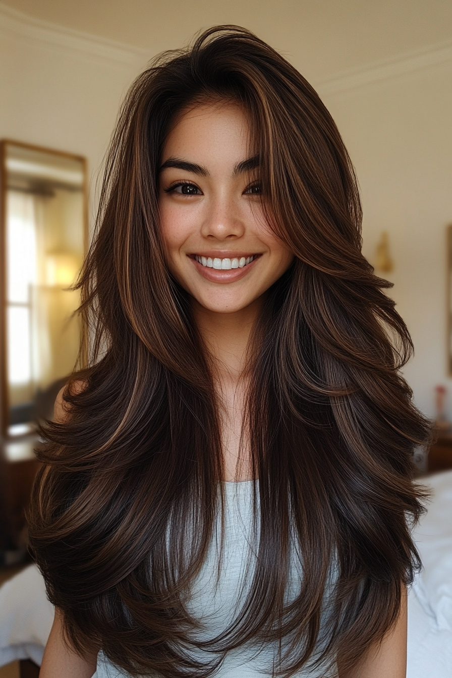 18. Tiefe Espresso schlanke Schichten (lang geschichtete Haarschnitte) - lang geschichtete Haarschnitte