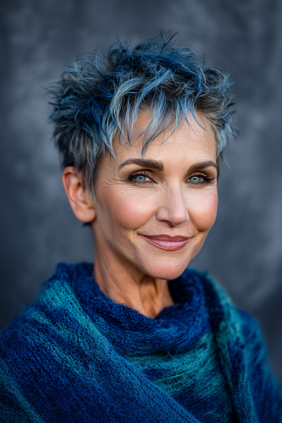 18. Nervösem Pixie Hawk mit Schieferblau (kantige Haarschnitte für Frauen über 50) - nervöse Haarschnitte für Frauen über 50