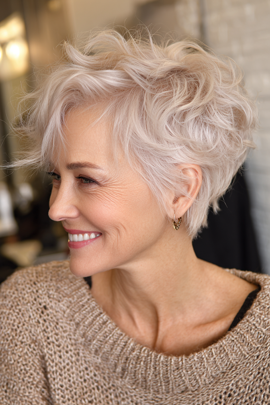 18. Federed Pixie in Perlblondine (kurze Haarschnitte für Frauen über 50 mit welligen Haaren) - kurze Haarschnitte für Frauen über 50 mit welligen Haaren