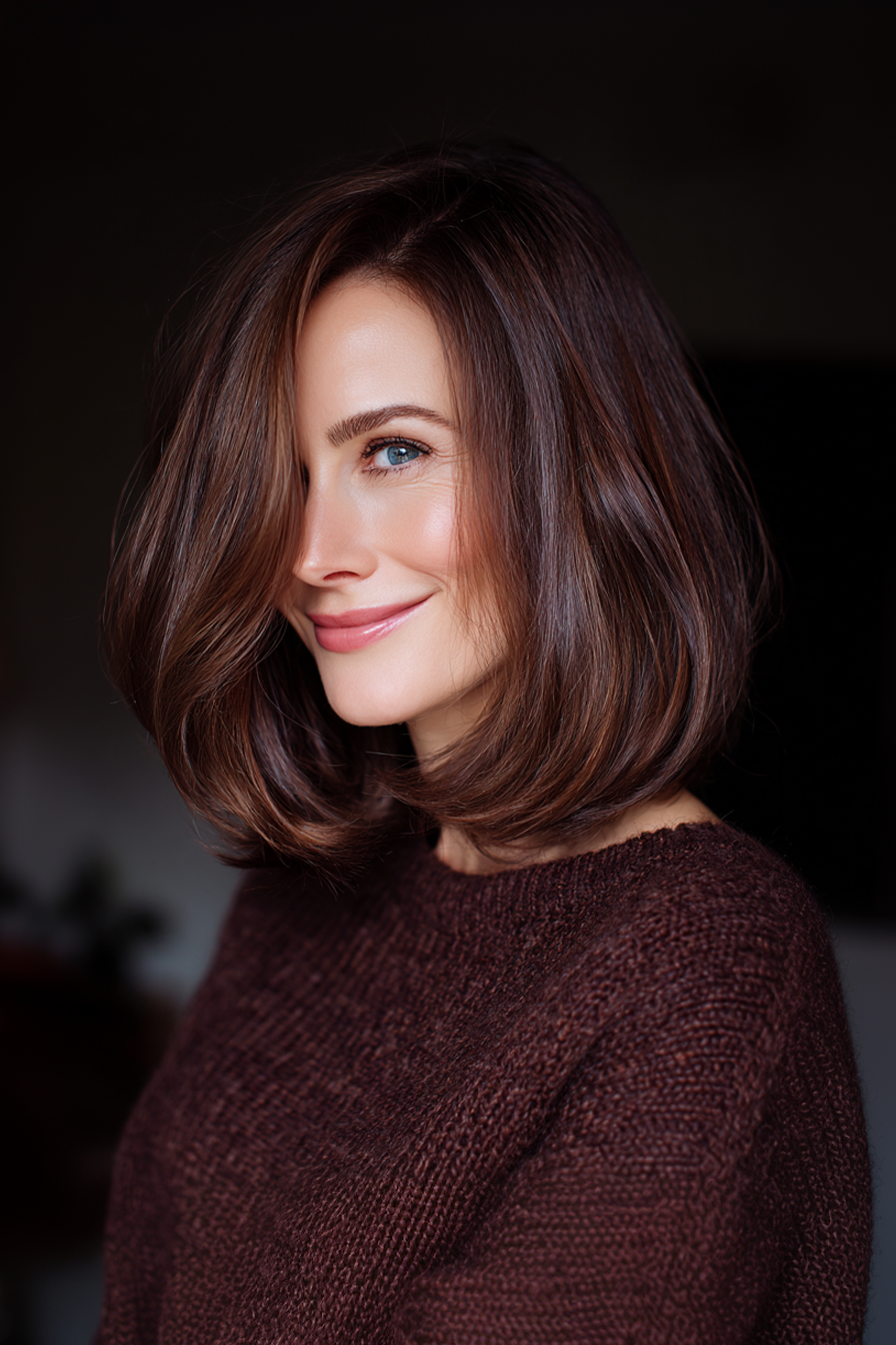 18. Glossy Chocolate Lob (lange Bob -Haarschnitte für Frauen über 50) - lange Bob -Haarschnitte für Frauen über 50