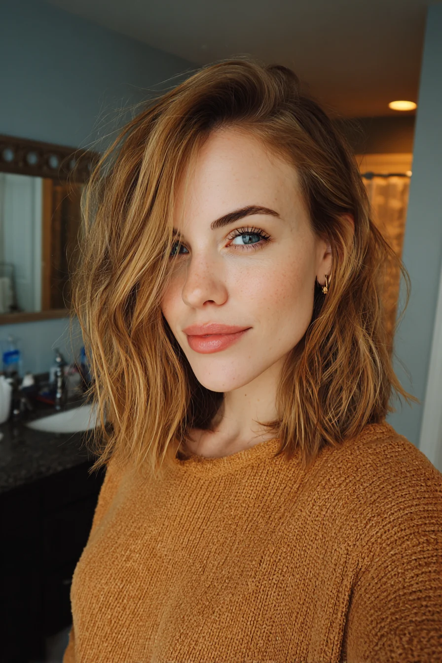 18. Golden Brown Choppy Lob (Schulterlange Frisuren für dickes Haar) – Schulterlange Frisuren für dickes Haar