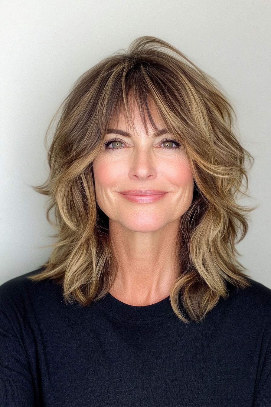 18. Goldene Brünette mit mittlerer Länge (zottelige Frisuren für Frauen über 50) - Shaggy Frisuren für Frauen über 50