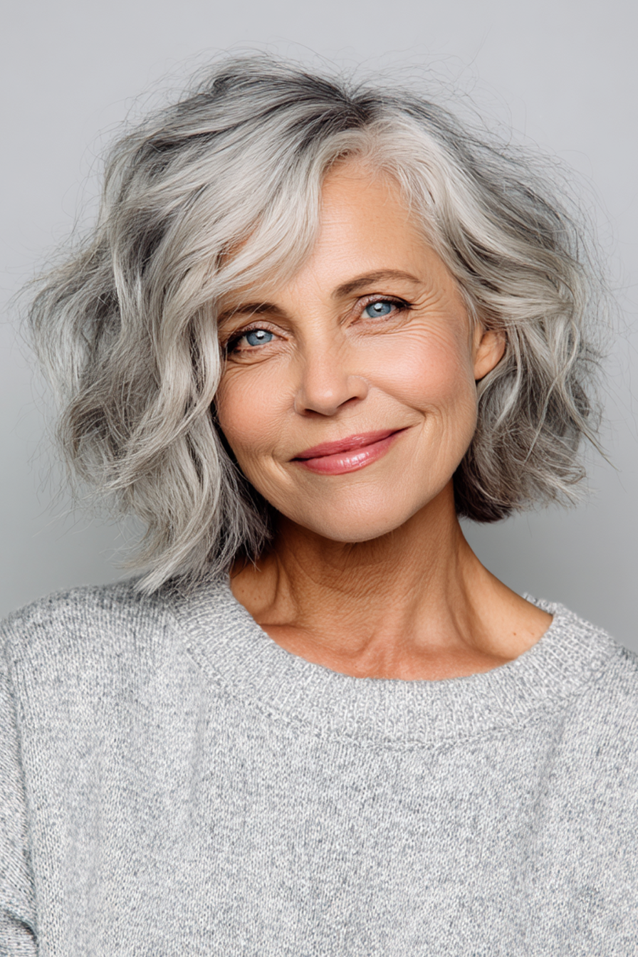 18. Grey -Blend -strukturierter Bob (kurze Frisuren für Frauen über 50 mit welligen Haaren) - kurze Frisuren für Frauen über 50 mit welligen Haaren