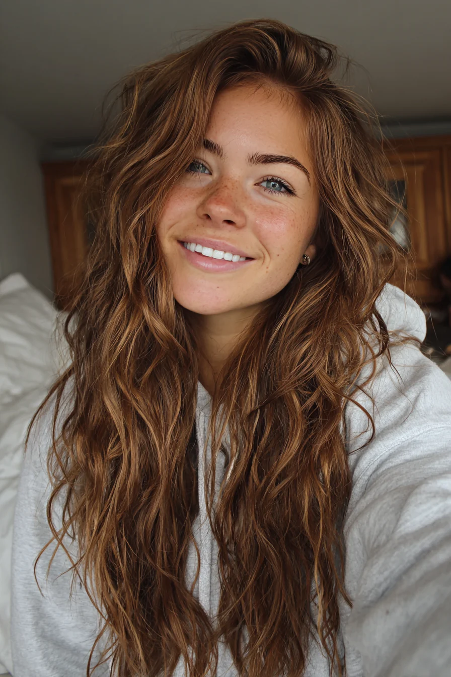 18. Haselnusswindgepeitschte Schichten (lange gewellte Frisuren) – Lange gewellte Frisuren