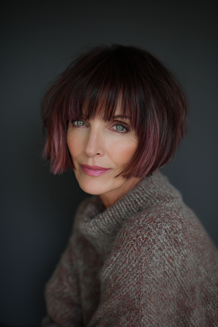 18. Jagged Fringe Bob mit Schokoladen -Mauve -Enden (kantige Haarschnitte für ältere Frauen) - kantige Haarschnitte für ältere Frauen