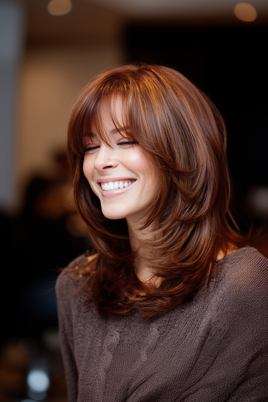 18. Layered Cut mit gewölbten Pony in Zimtbraun (Haarschnitte für Frauen über 40 mit Pony) - Haarschnitte für Frauen über 40 mit Pony