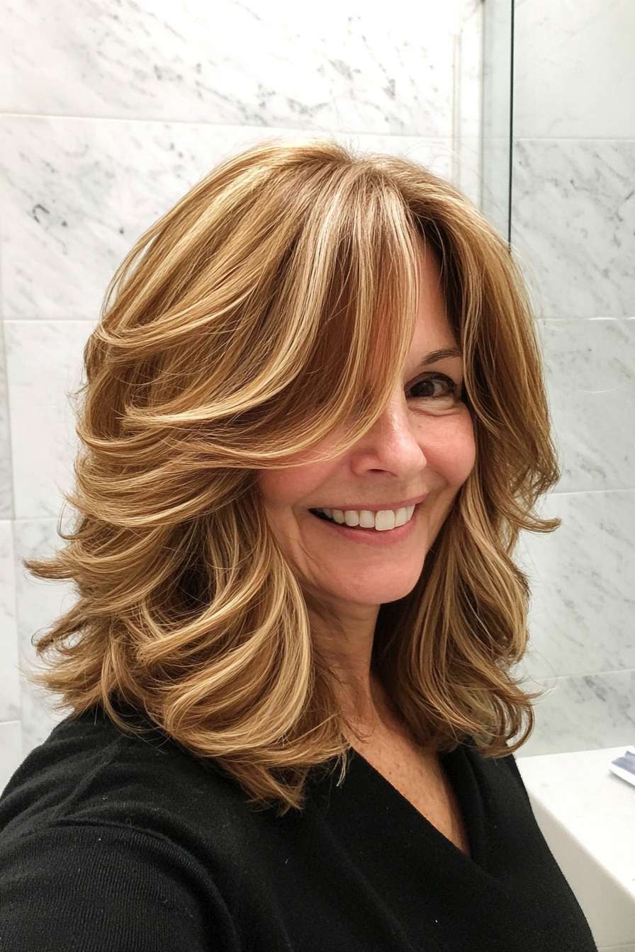 18. Layered Lob in goldbraun (Haarschnitte für Frauen über 60 mit welligen Haaren) - Haarschnitte für Frauen über 60 mit welligen Haaren
