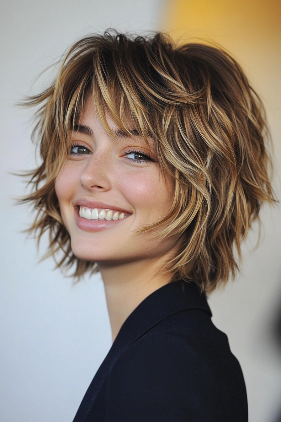 18. Schicht kurzer Shag mit schmutzigen blonden Details (kurze Haarschnitte mit Vorhang Pony) - kurze Haarschnitte mit Vorhangstücken