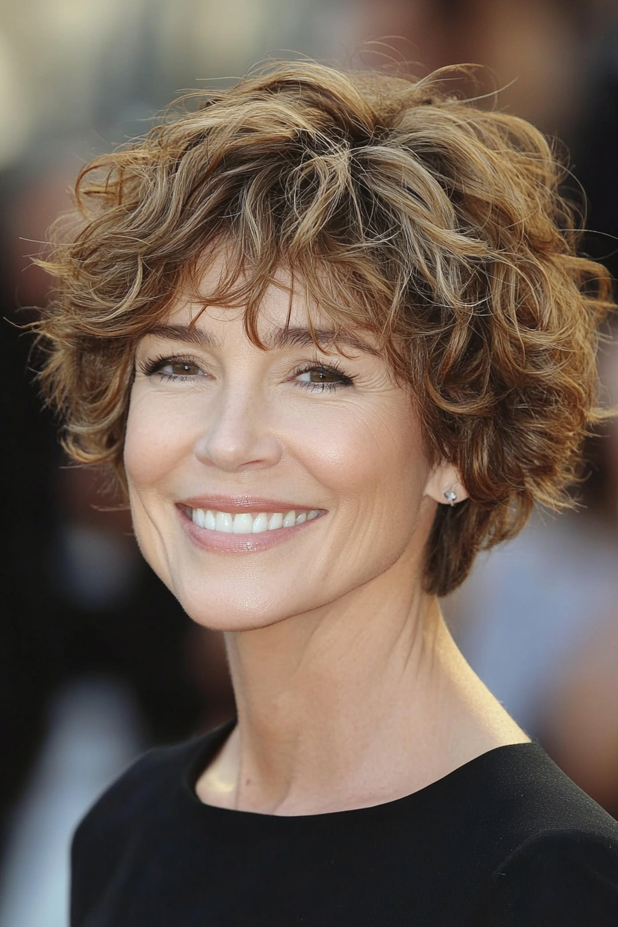 18. Hellbraune strukturierte Pixie mit Seitengeschwüren (Haarschnitte für ältere Frauen mit lockigem Haar) - Haarschnitte für ältere Frauen mit lockigem Haar