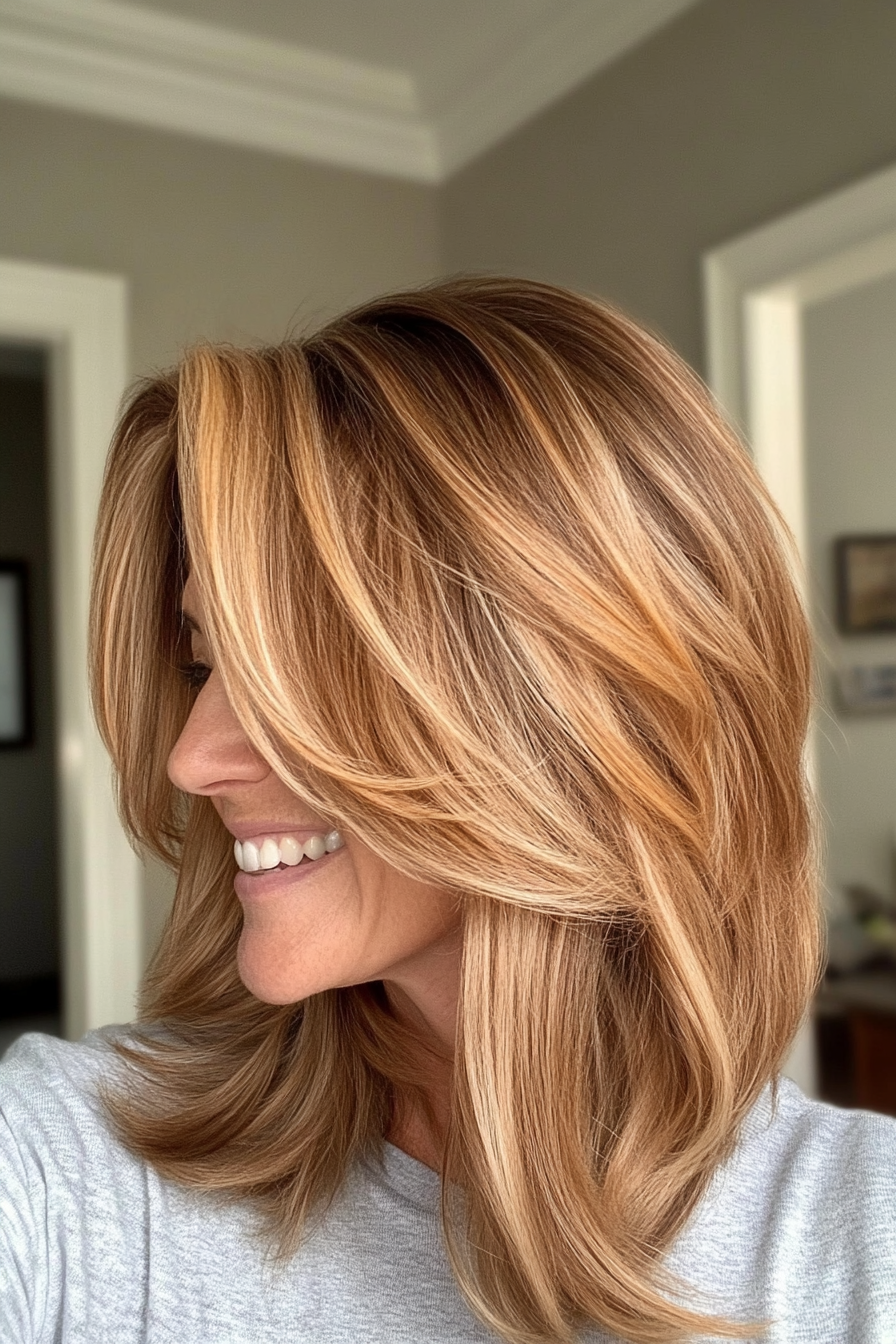 18. Langer Bob mit Karamellblond -Bändern (Trendfrisuren für Frauen über 50) - Trendfrisuren für Frauen über 50
