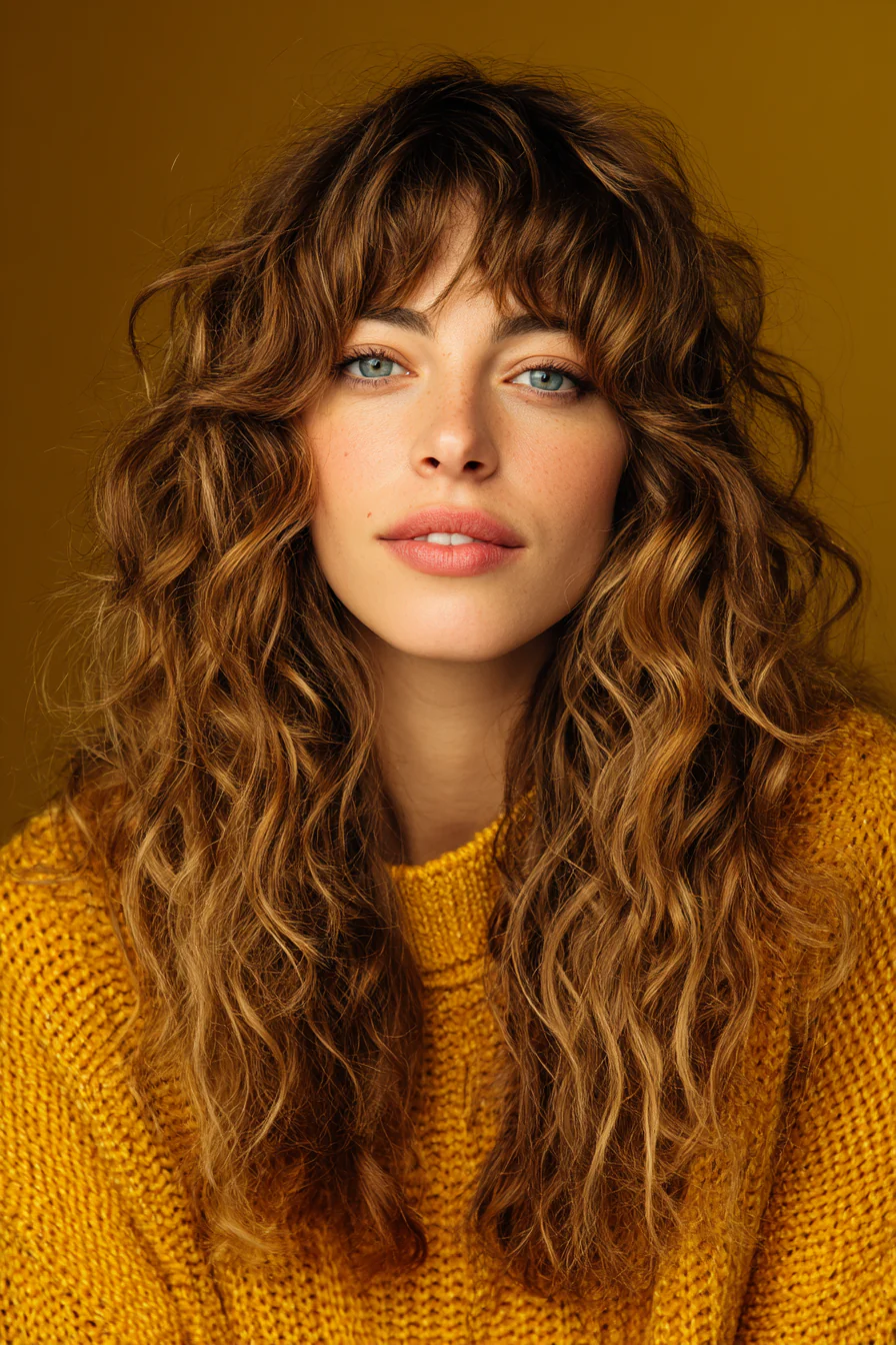 18. Lange lockige Schichten mit zimtbraunen Curtain Bangs (Curtain Bangs Haircuts) – Curtain Bangs Haircuts