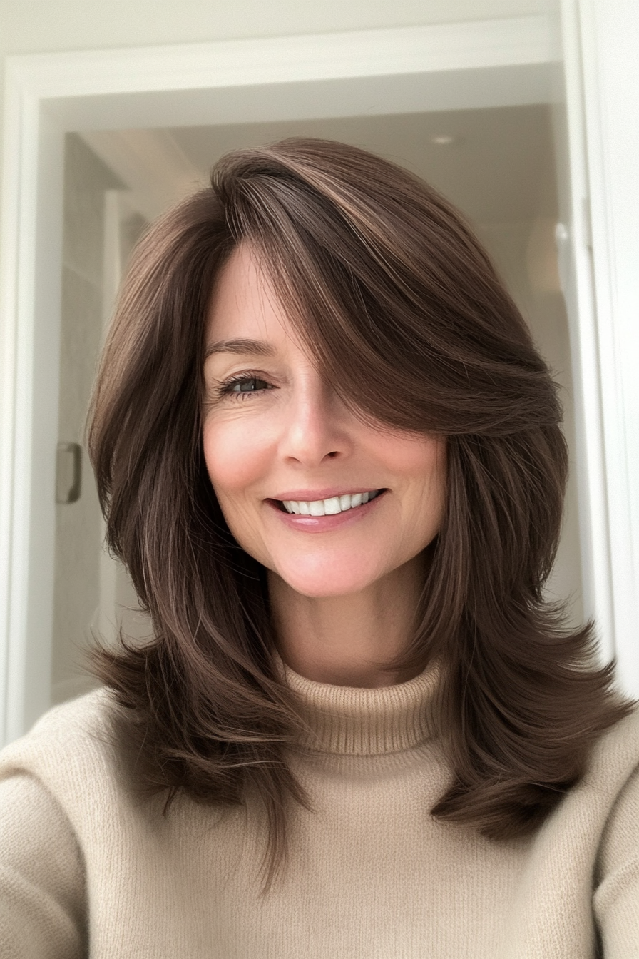 18. mittelschokoladenbraun geschichtet mit Fransen (neue Frisuren für Frauen über 50) - neue Frisuren für Frauen über 50