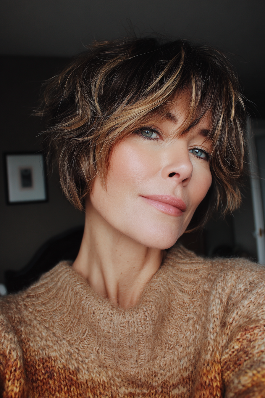 18. Unordentlicher, abgehackter Bob mit warmen Toffee-Highlights (Unordentliche Frisuren für Frauen über 50) – Unordentliche Frisuren für Frauen über 50