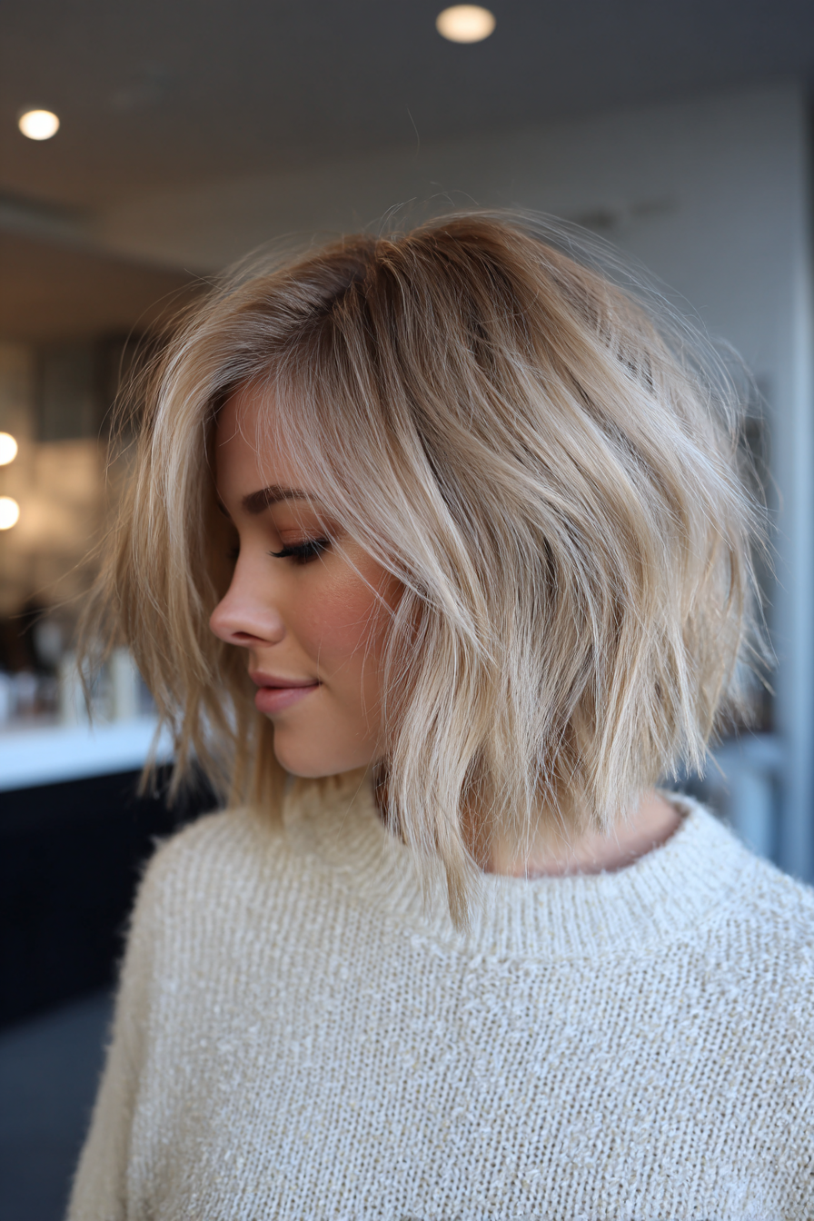 18. Unordentliche Lob in Ascheperlblond (kinnlänge texturierte Haarschnitte) - Kinnlänge texturierte Haarschnitte