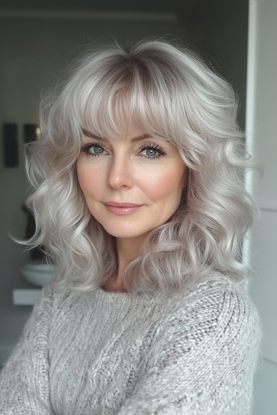 18. Mittellänge Locken mit wispy Fransen in Silberblonde (Haarschnitte für Frauen über 60 mit Pony) - Haarschnitte für Frauen über 60 mit Pony