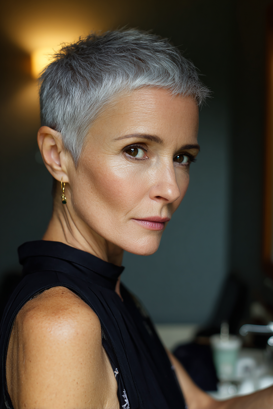 18. Minimalistischer Schnitt in natürlichem Silber (Kurzhaarschnitte für dünner werdendes Haar für Frauen über 50) – Kurzhaarschnitte für dünner werdendes Haar für Frauen über 50