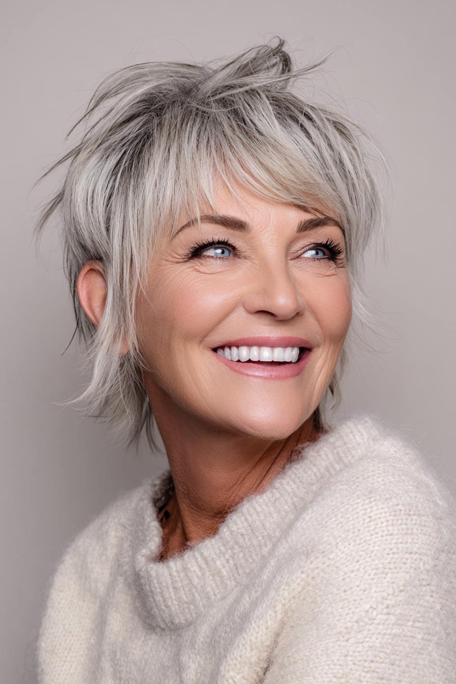18. Moderne Meeräsche mit silbernen Asche -Highlights (funky Haarschnitte für ältere Frauen) - Funky Haarschnitte für ältere Frauen