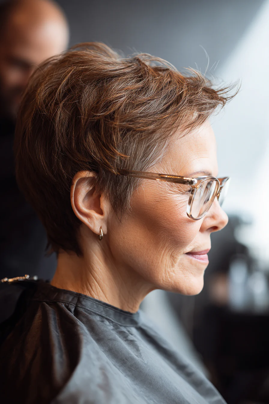 18. Natürliche brünette Pixie mit definierten Seiten (Frisuren für ältere Frauen mit Brille) – Frisuren für ältere Frauen mit Brille