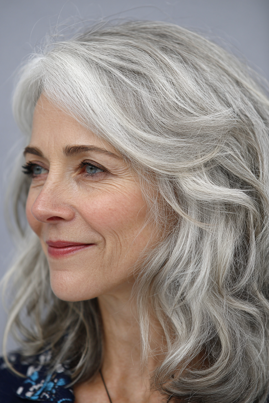 18. Natürliche graue geschichtete Wellen (weiße Frisuren für Frauen über 50) – Weiße Frisuren für Frauen über 50