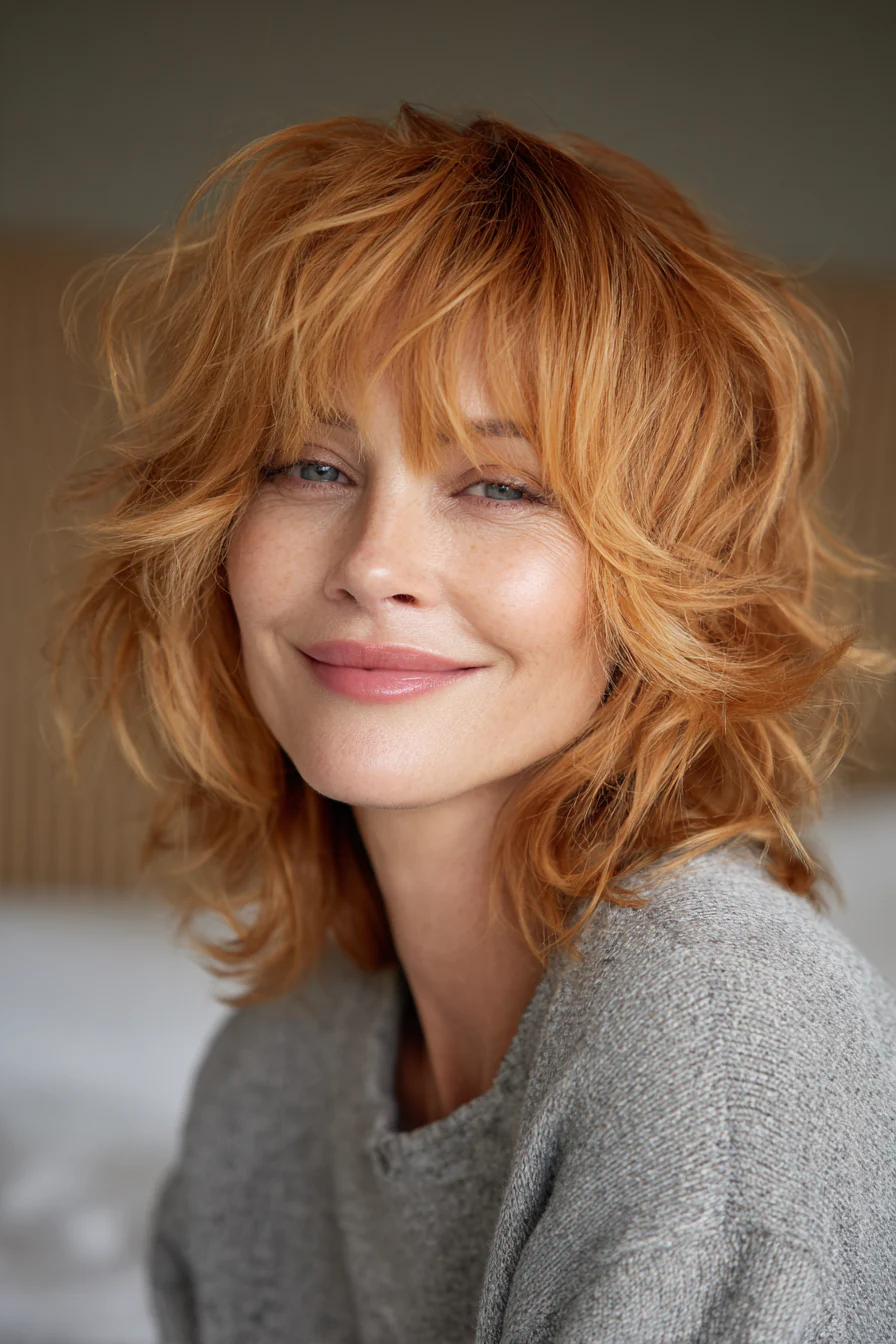 18. Retro-Shag mit erdbeerblondem Finish (zottelige Haarschnitte für Frauen über 40) – Zottelige Haarschnitte für Frauen über 40