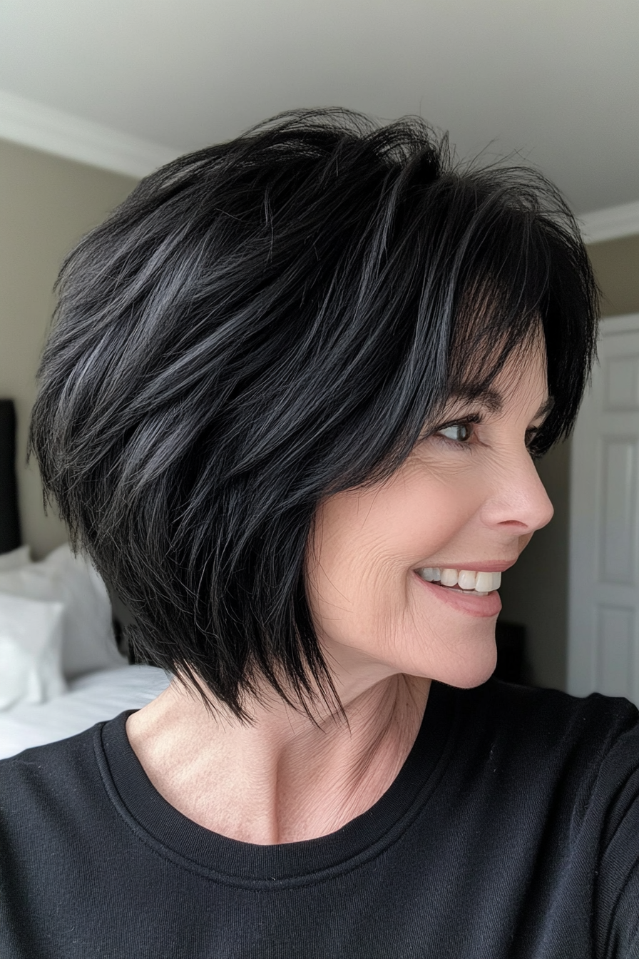 18. Reicher schwarzer, abgehackter Shag mit kurzen Pony (Shag Frisuren für Frauen über 60) - Shag Frisuren für Frauen über 60