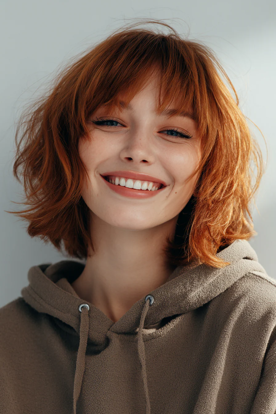 18. Abgerundeter, voluminöser Bob mit sonnenbeschienenen kastanienbraunen Pony (Bob-Frisuren mit Pony) – Bob-Frisuren mit Pony