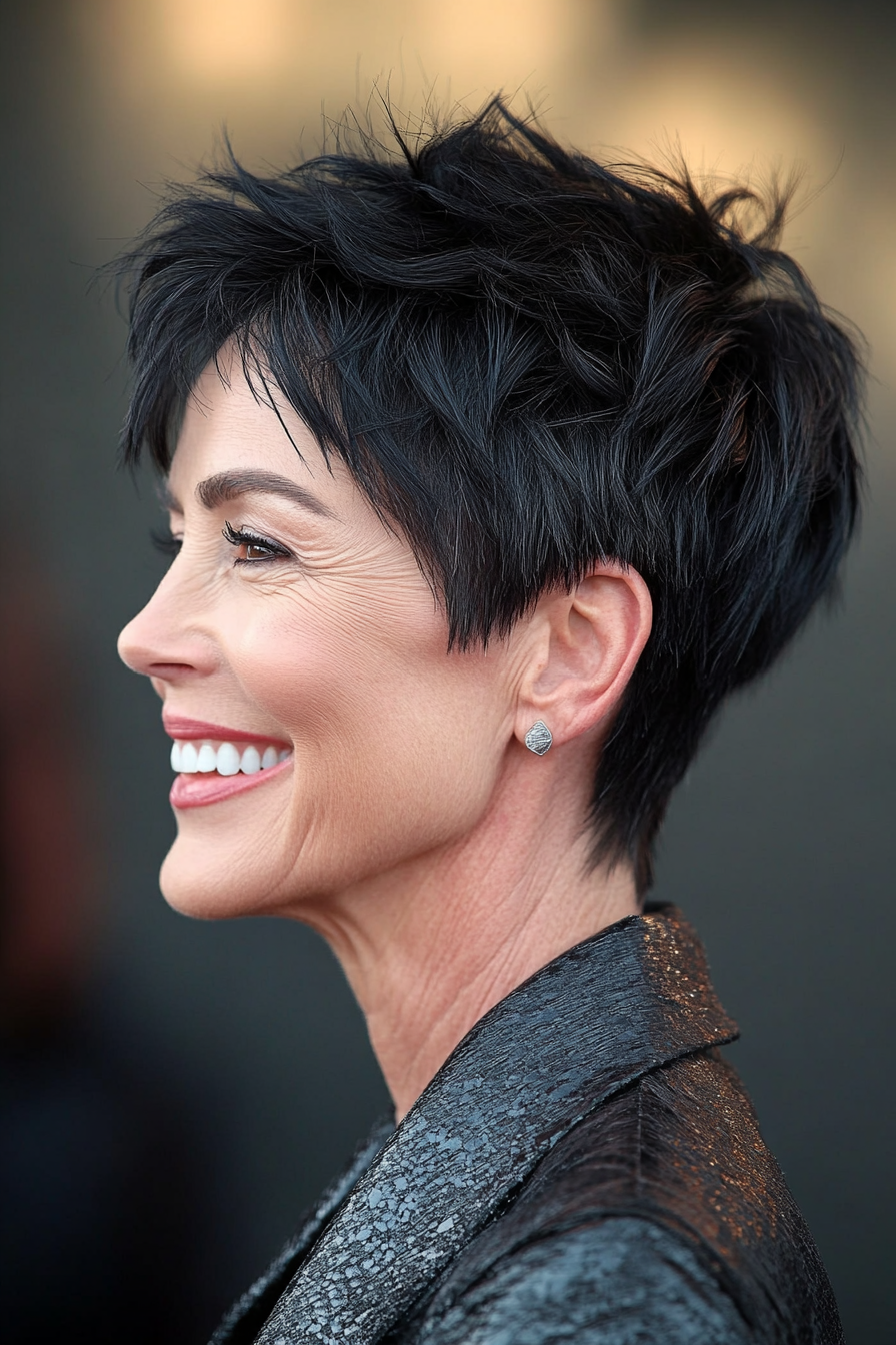 18. Formulierte Ernte mit Jetschwarz -Glanz (kurze Haarschnitte für Frauen über 50 mit dickem Haar) - kurze Haarschnitte für Frauen über 50 mit dickem Haar