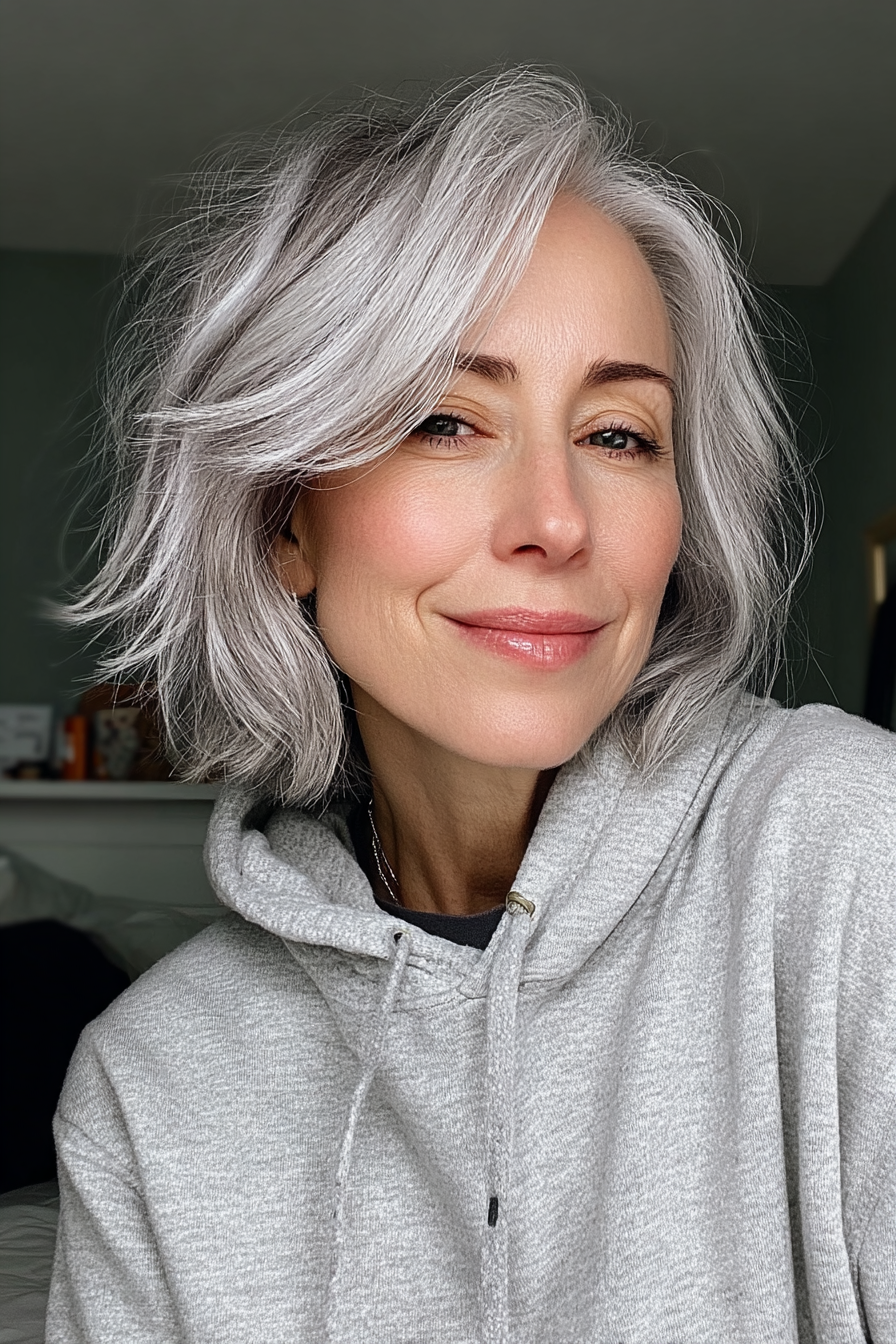 18. Shag -inspirierte, geschichtete Bob in weichem Platingrau (kurze Bob -Haarschnitte für Frauen über 50) - kurze Schichthaarschnitte für Frauen über 50