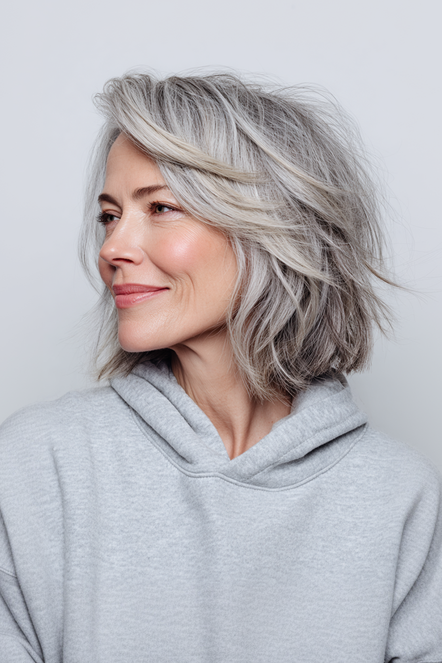 18. Shaggy Grey Cut mit Vorhang Pony (schicke Frisuren für Frauen über 50 mit grauen Haaren) - schicke Frisuren für Frauen über 50 mit grauen Haaren